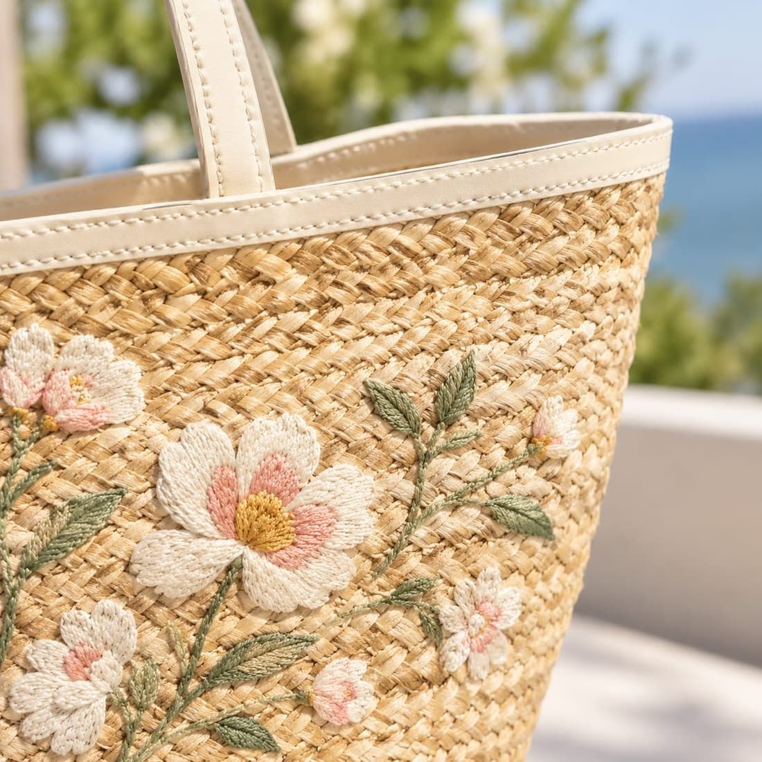 手刺繍の花模様とクリーム色の細いレザー縁取りを施したラフィアトートのディテール
