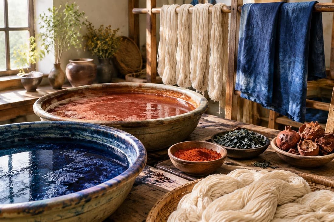 Ceramic vats of natural plant dye with dyed cotton fabric drying in the atelier