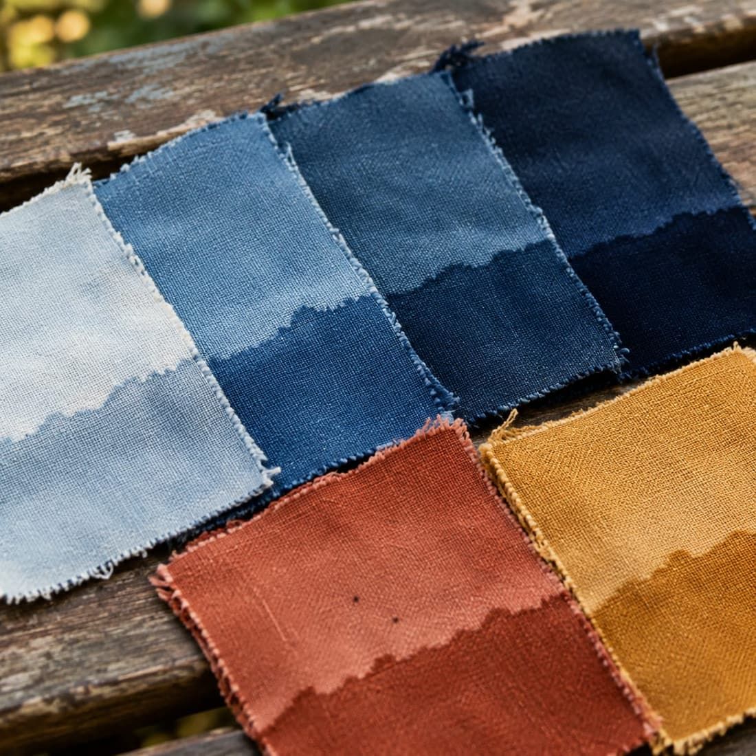 Naturally dyed cotton canvas swatches in a gradient of indigo, madder and ochre on a wooden bench