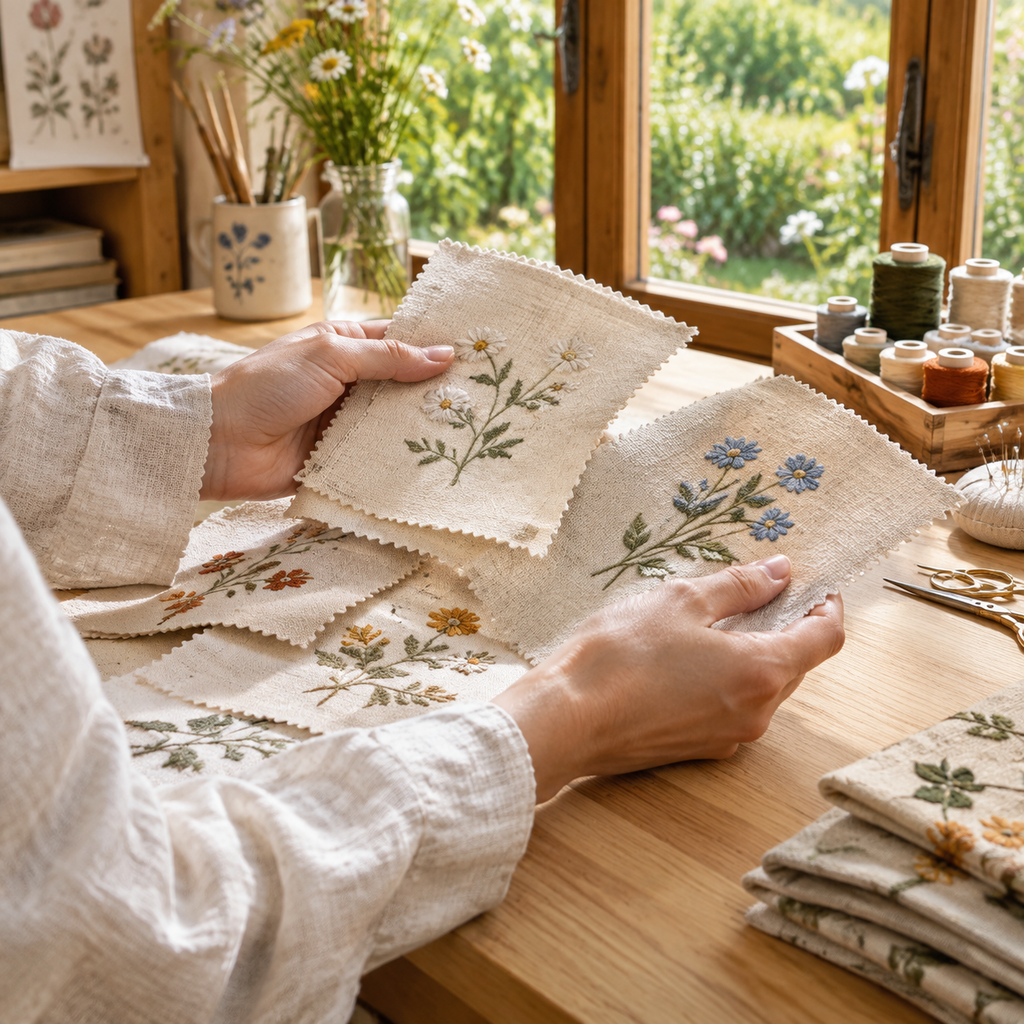 Artisan comparing embroidered fabric swatches of 12oz, 16oz and 24oz natural cotton canvas beside wooden atelier window