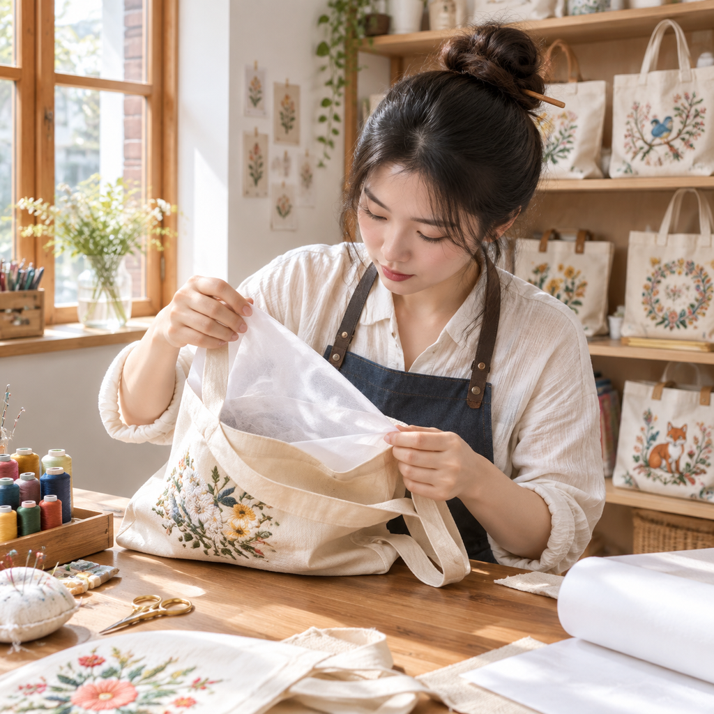 Artisan inspecting embroidery backing stabilizer and lining inside custom canvas tote in sunlit atelier