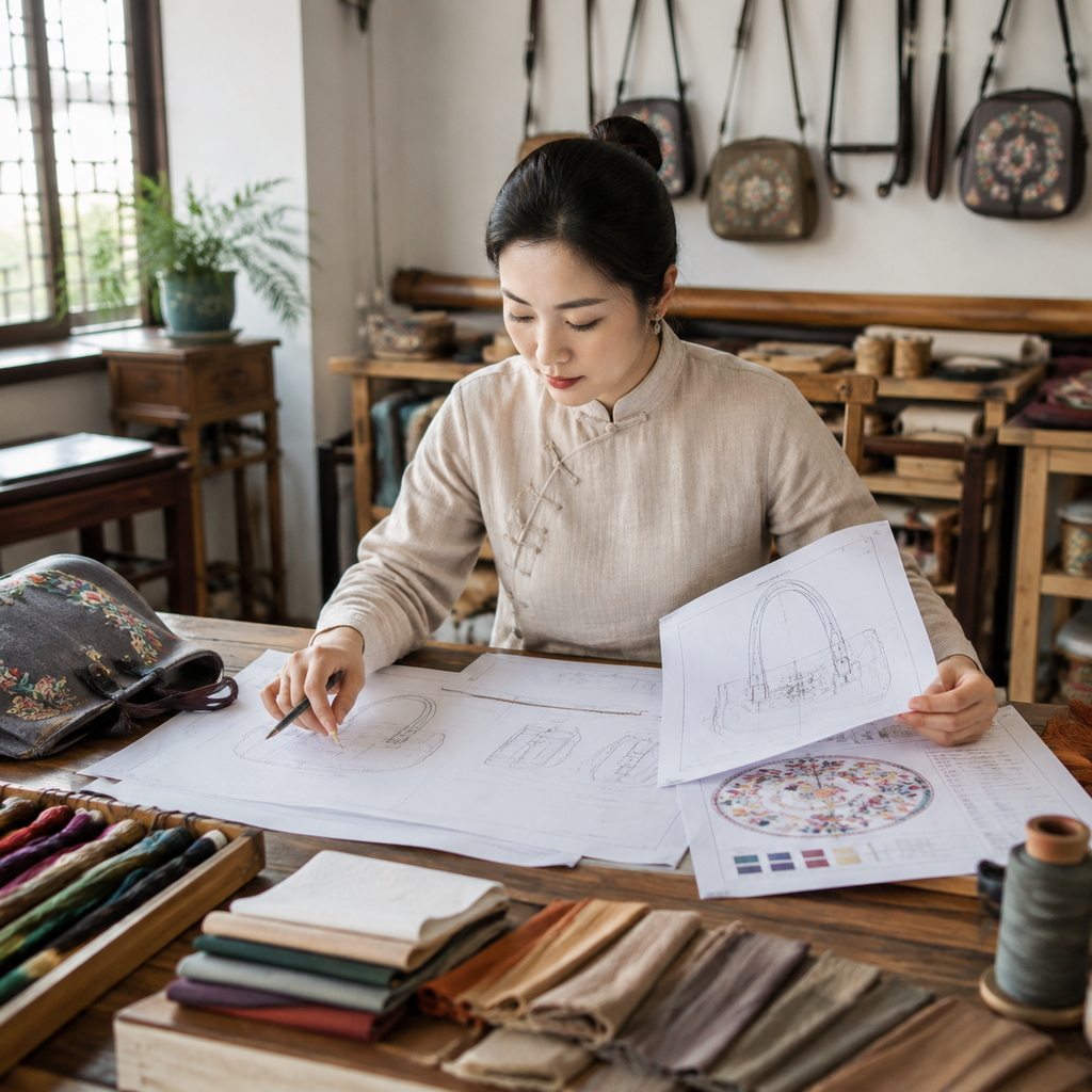 Bag pattern designer in Chinese artisan atelier reviewing technical drawings, fabric swatches and embroidery digitizing charts
