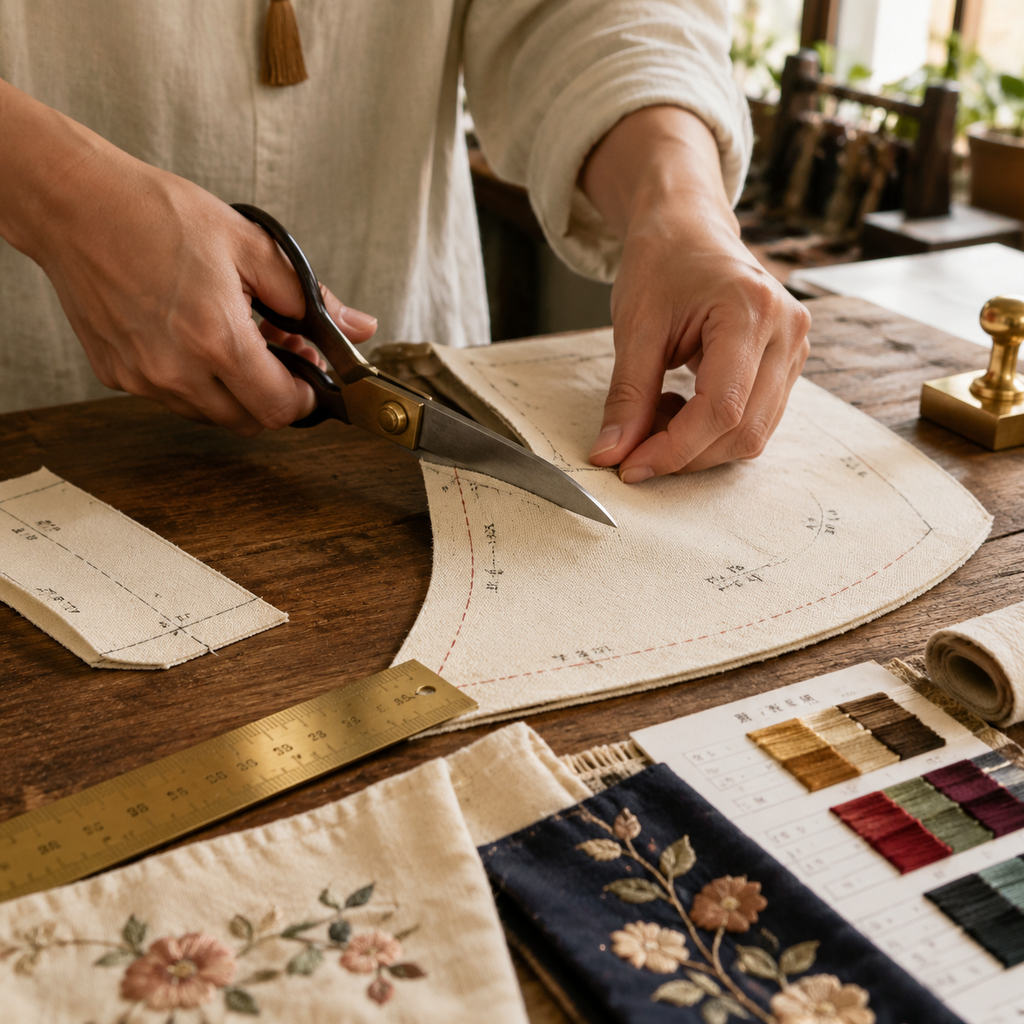 Precision hand-cutting of canvas pattern pieces with tailoring shears alongside embroidery thread charts