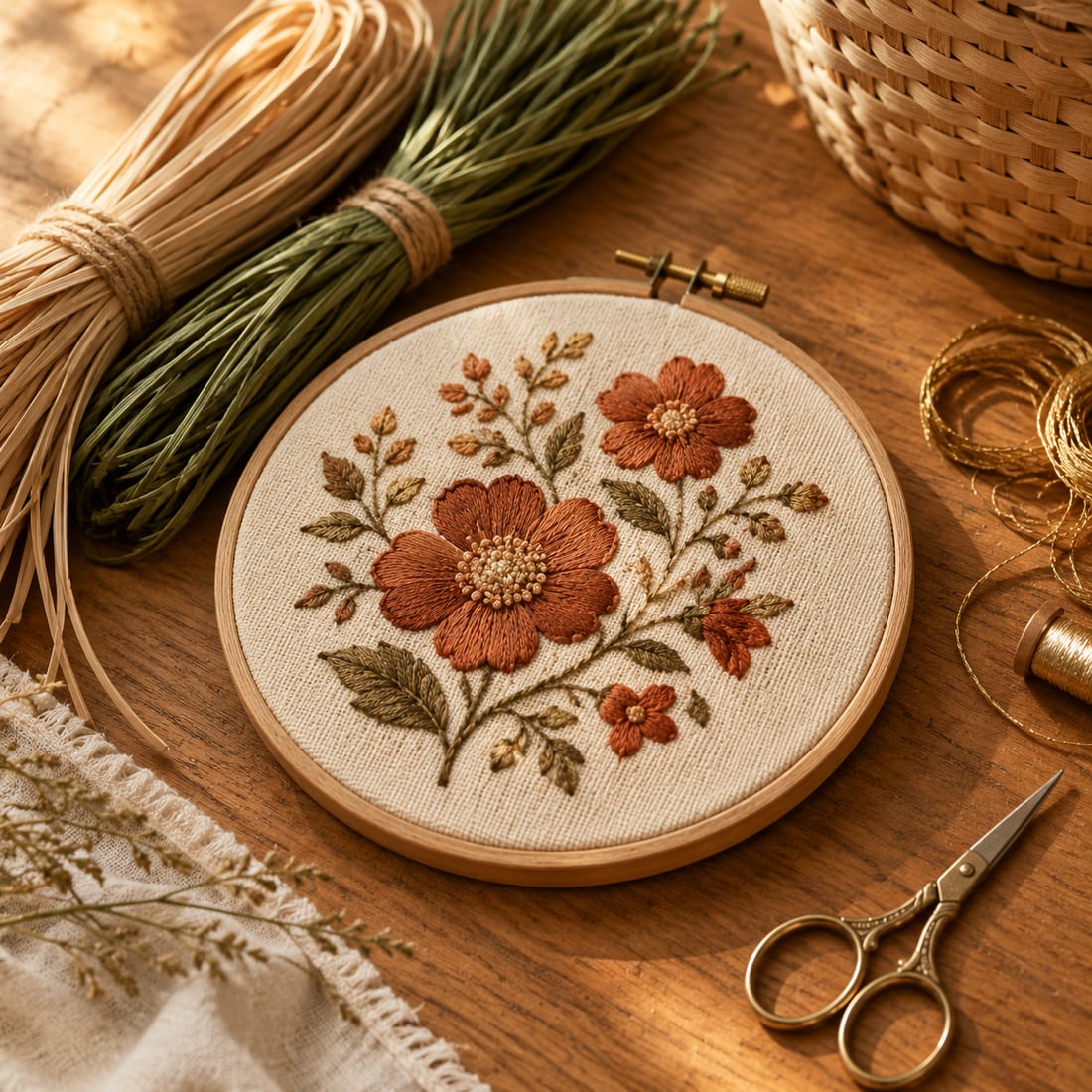 Illustrative still life of an embroidery hoop with terracotta floral needlework beside bundled rattan strips, sea grass strands, gold threads and brass scissors