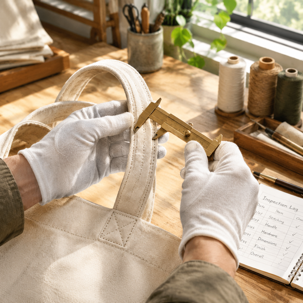 Close-up of artisan hands in light cotton gloves inspecting handle stitching with brass caliper on cream canvas tote bag in bright sunlit workshop