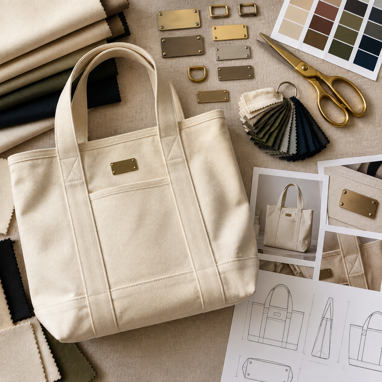 Flat-lay of 16oz cotton canvas tote sampling with Pantone swatches and brass tailor tools
