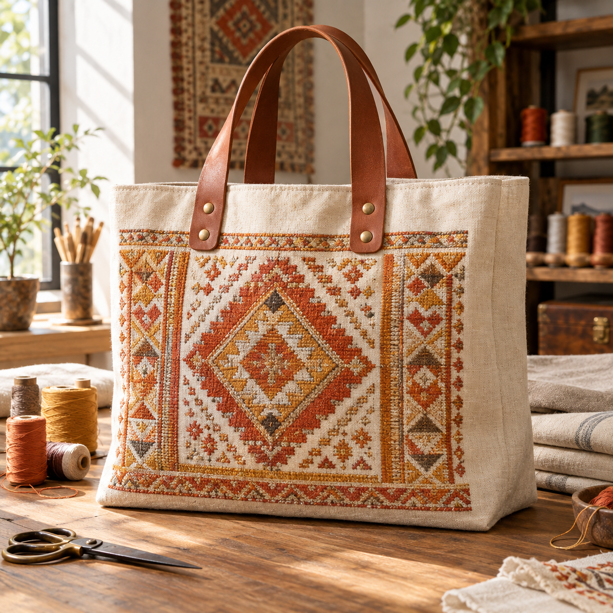 Artisanal 20oz natural ecru cotton canvas weekend travel tote with tribal geometric tapestry embroidery and cognac saddle leather handles