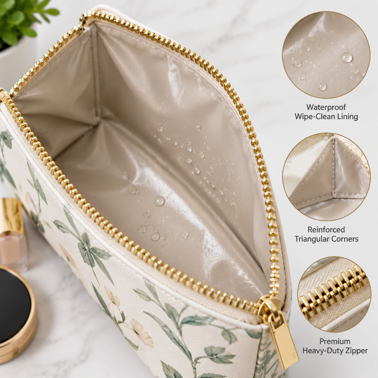 Detailed macro view of an unzipped custom embroidered cosmetic pouch showing waterproof lining and gold zipper
