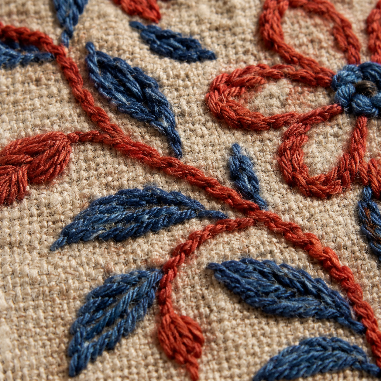 Macro close-up of handmade Suzani chain stitch in madder red and indigo plant-dyed thread