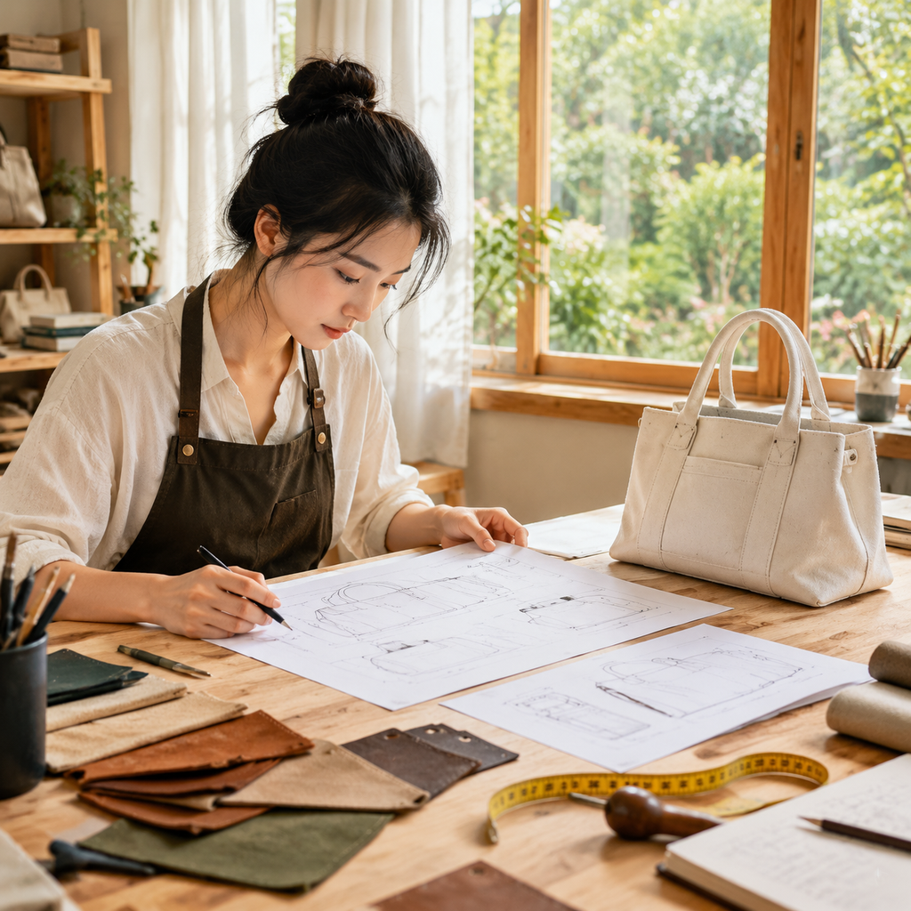 Bag designer in Chinese artisan atelier reviewing technical bag blueprints and prototype bag beside wooden window