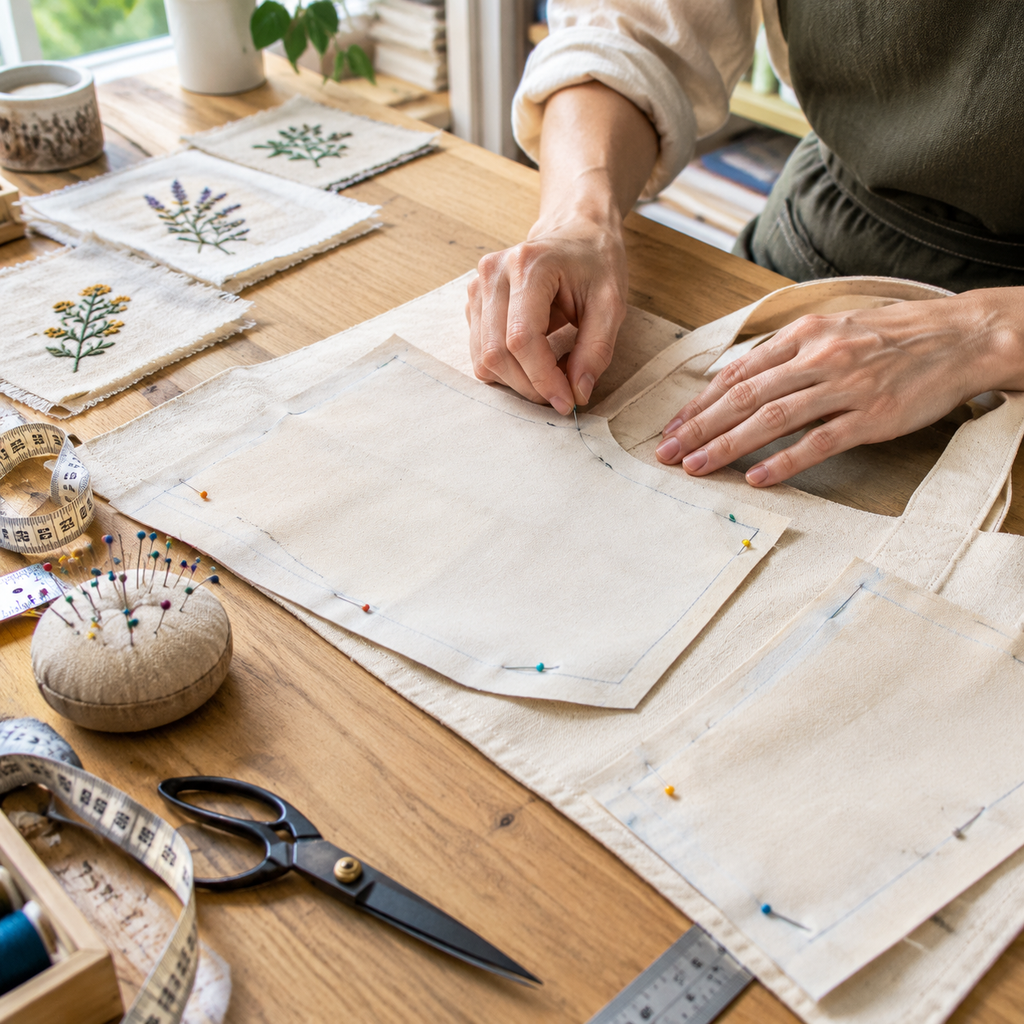 Artisan pinning canvas bag pattern pieces and verifying seam allowances on wooden workbench