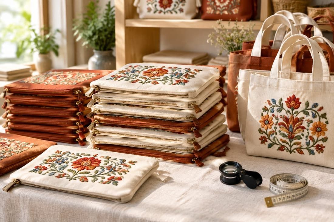 Quality inspection and finishing of hand-embroidered tote bags with finished stock on shelves