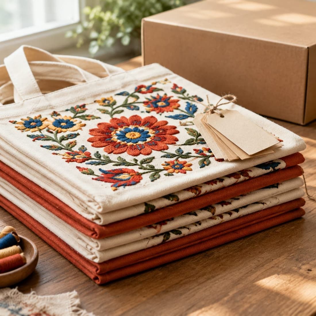 Stack of hand-embroidered canvas tote panels with cotton sample tags ready for a small production run