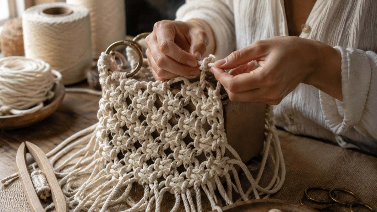 Artisan hands tying square macrame knots in cream cotton rope to build the front panel of a knotted rope bag