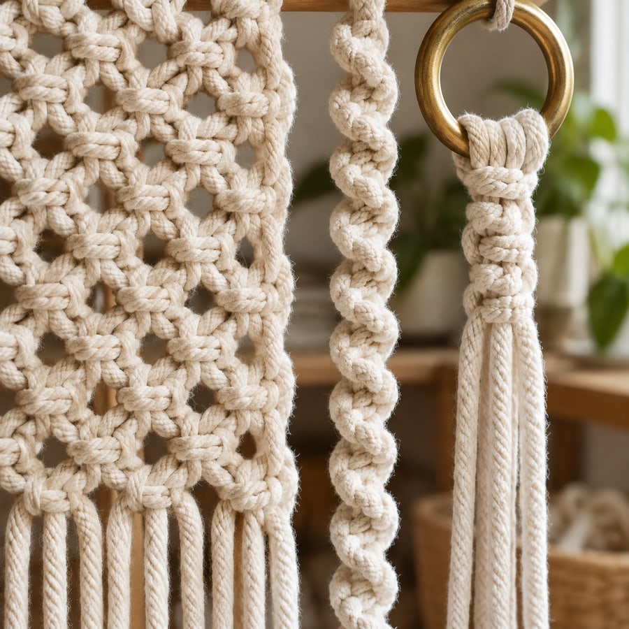 Estructura de nudos de macrame en cuerda de algodon natural: panel plano de nudo cuadrado, cordon en espiral de medio cote y montaje de cabeza de alondra sobre anilla de laton