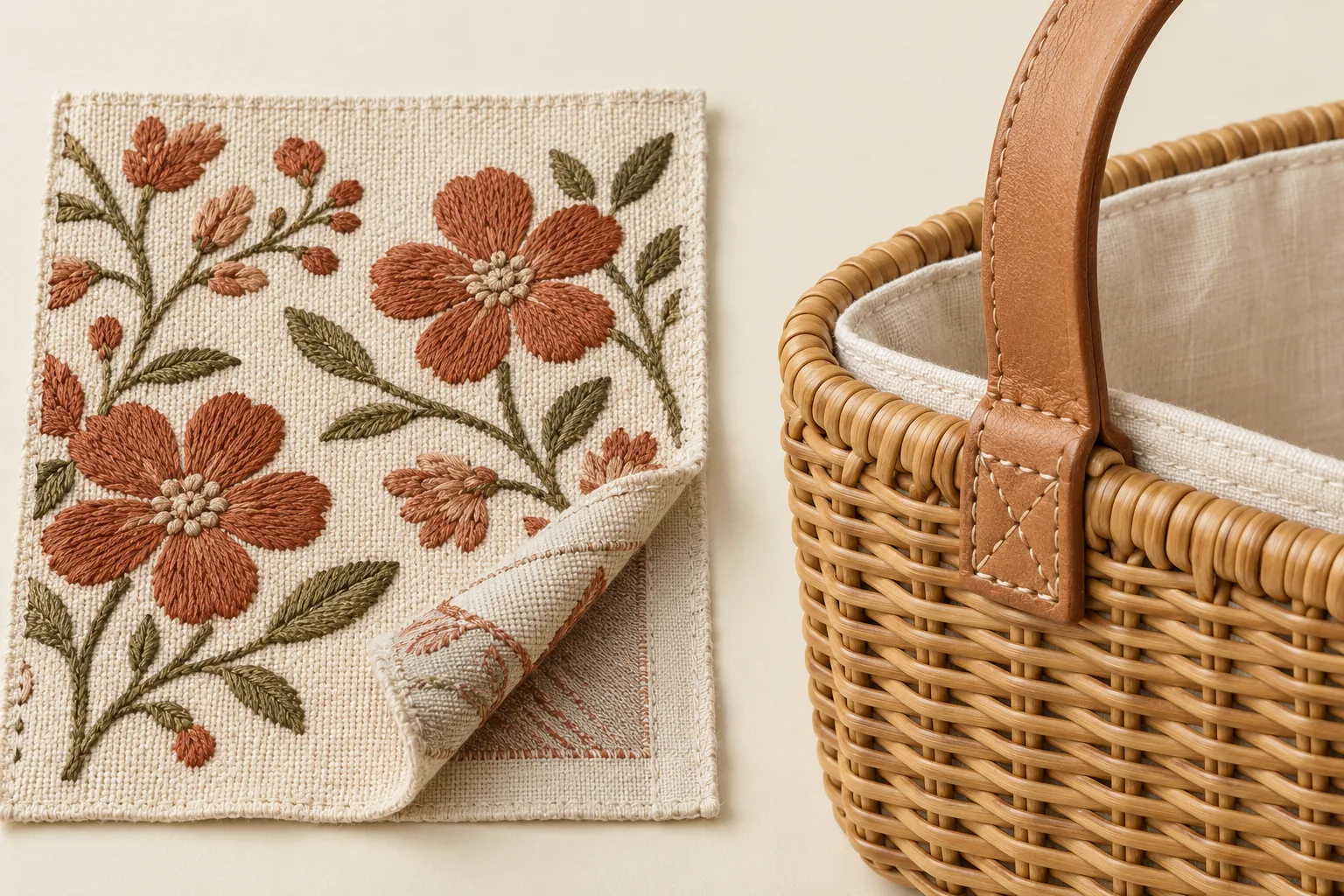 Illustration comparing a floral embroidered canvas panel and its reverse with a lined rattan rim and stitched leather handle attachment