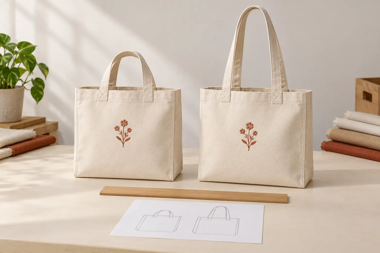 Illustrative comparison of two embroidered canvas tote prototypes with shorter hand-carry handles and longer shoulder handles