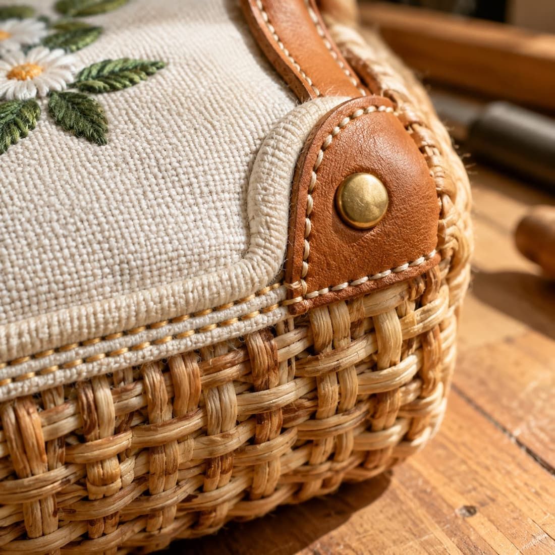 Macro view of the bound edge and dual reverse lockstitch sealing the embroidered panel to the hand-woven rattan body