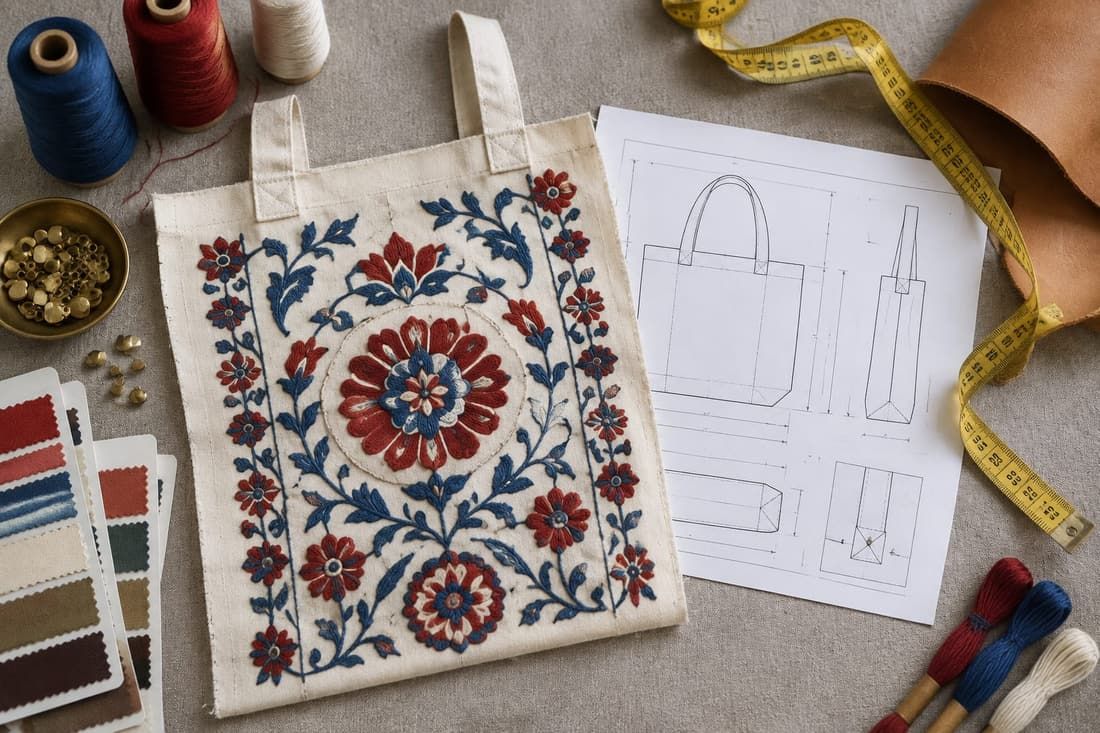 Master artisan hand-stitching Suzani embroidery on a canvas panel for sample approval