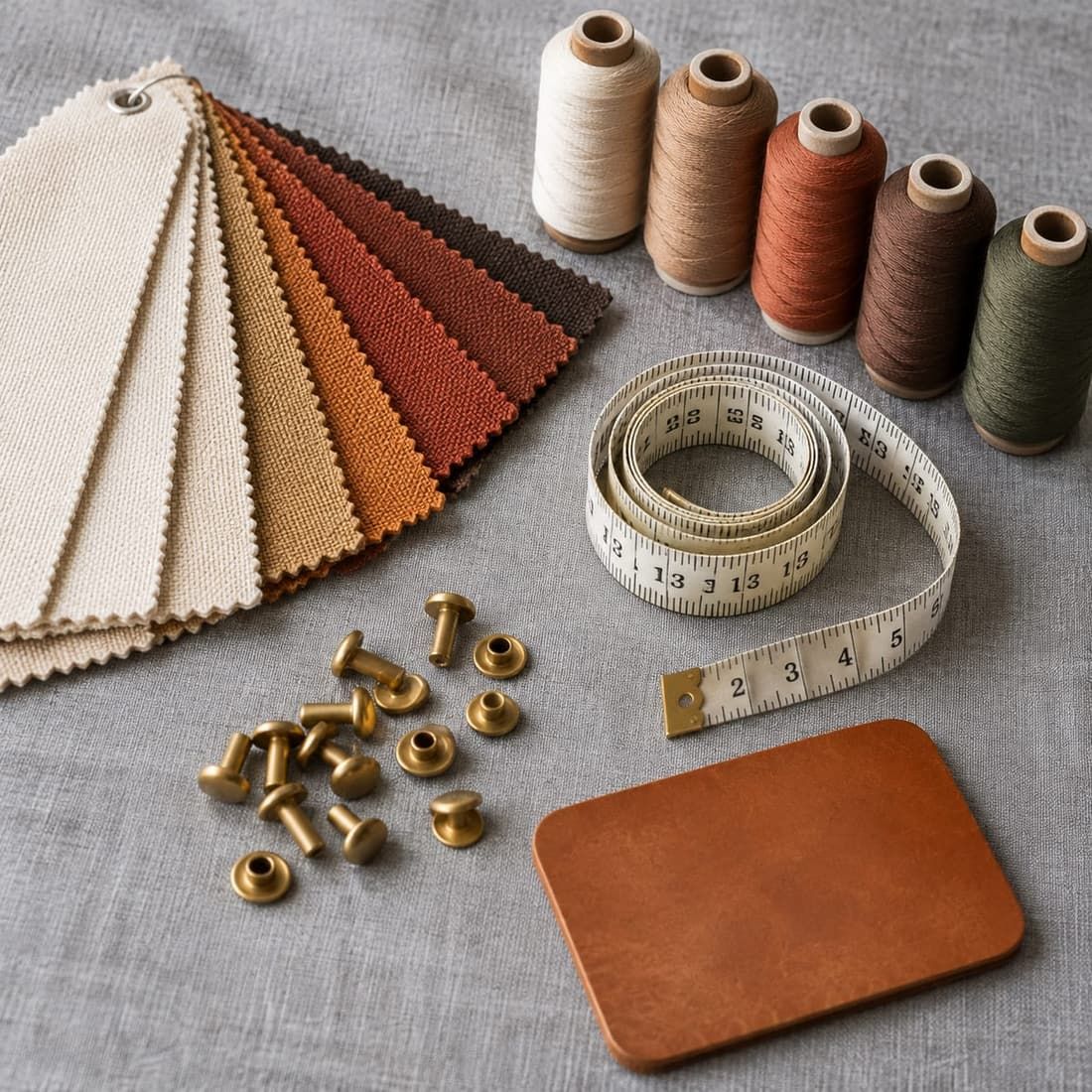 Overhead view of an OEM sampling kit: canvas swatch fan, thread colour cones, tape measure and brass rivets