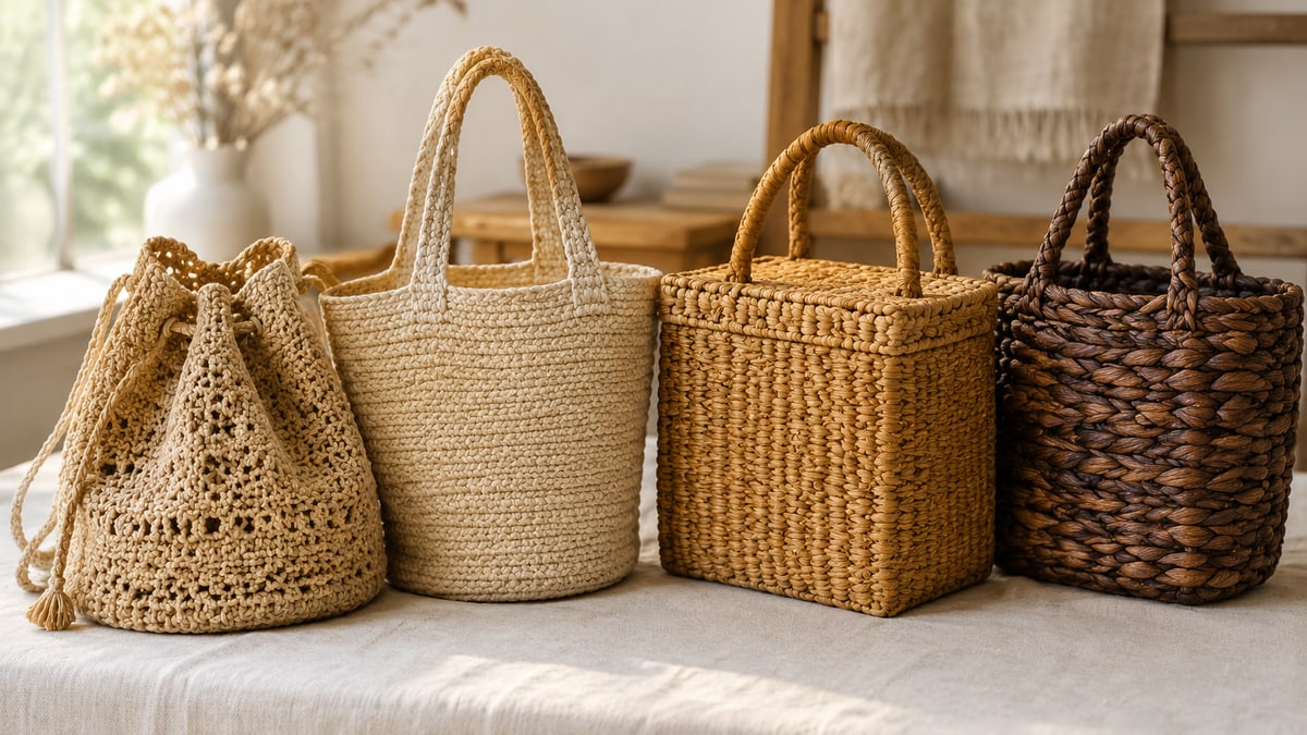 Crocheted raffia bucket bag, paper-straw tote, sea-grass box bag and twisted water-hyacinth basket lined up side by side