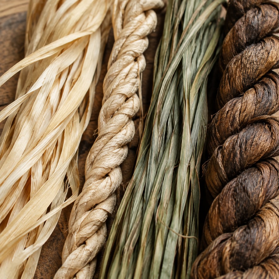 Raw raffia palm strips, twisted paper-straw cord, sea-grass blades and water-hyacinth rope laid side by side on a wooden workbench