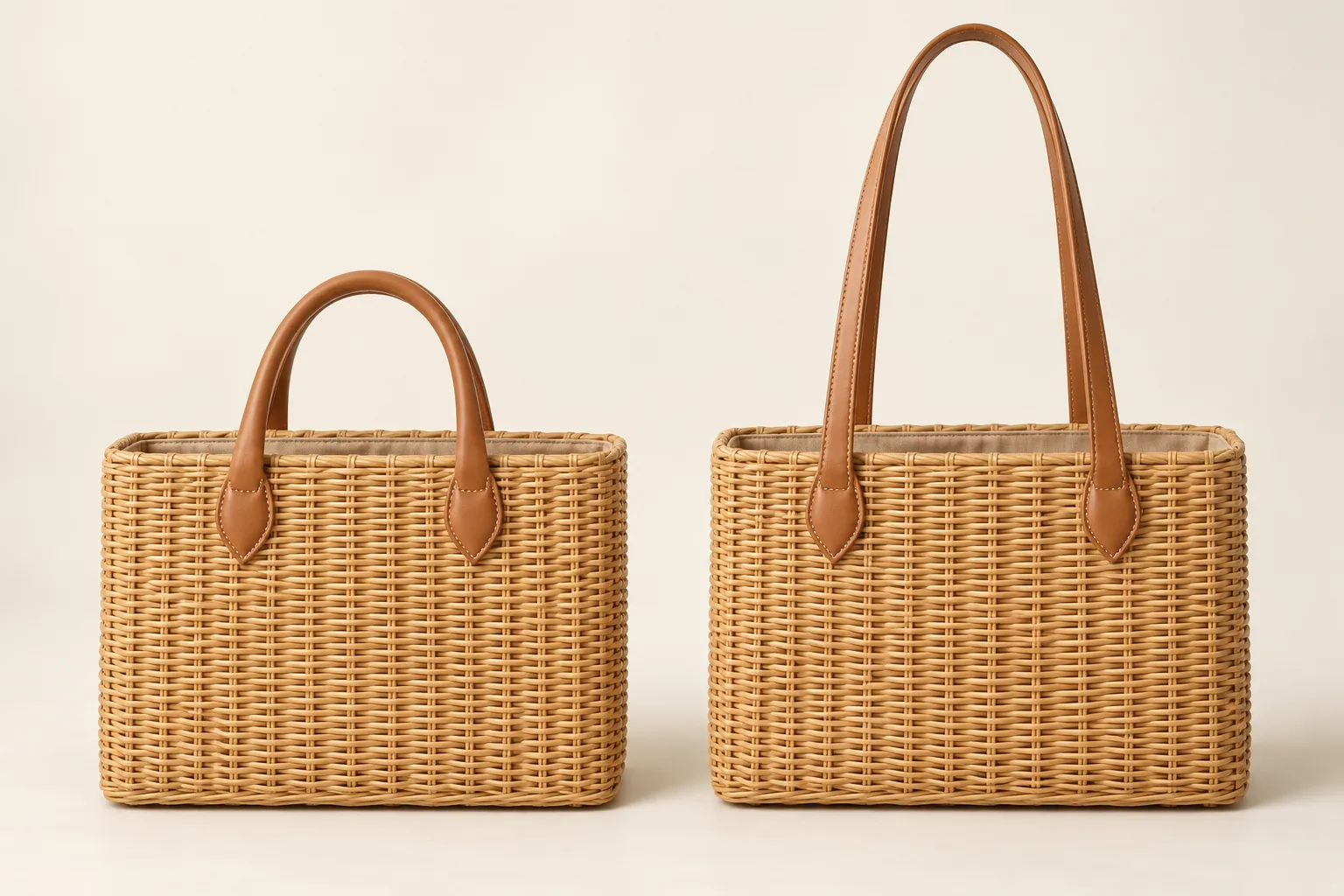 Illustration of two rectangular rattan bags comparing short hand-carry handles with longer shoulder handles