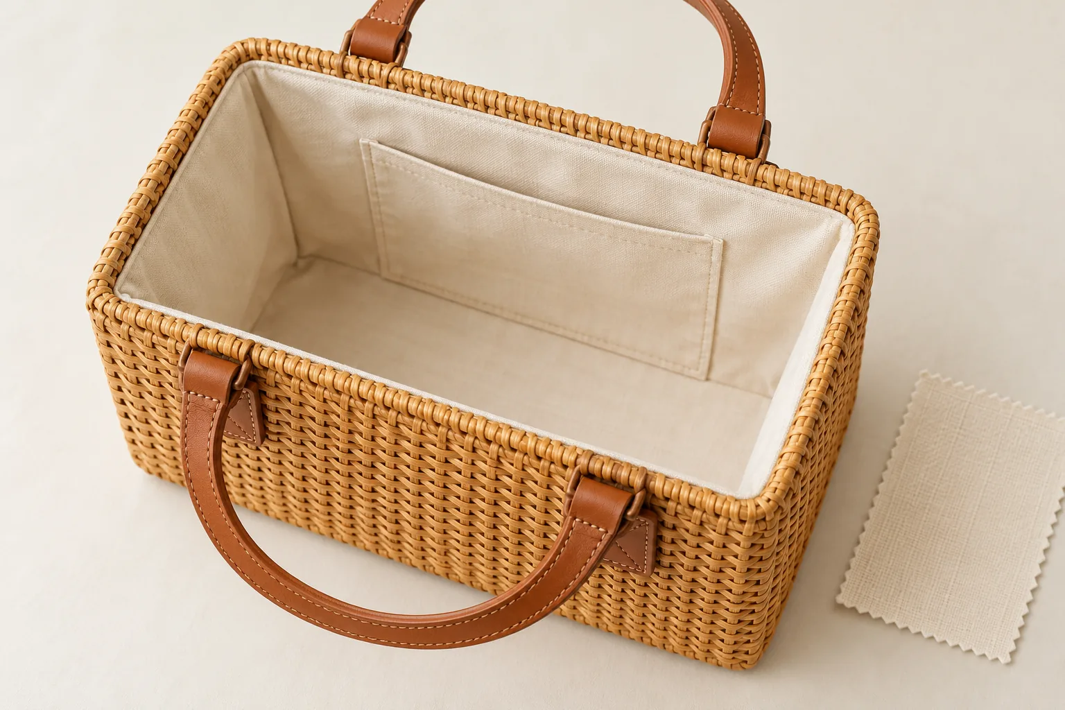 Illustrative open rattan handbag showing cream fabric lining, inner pocket and leather handle attachments