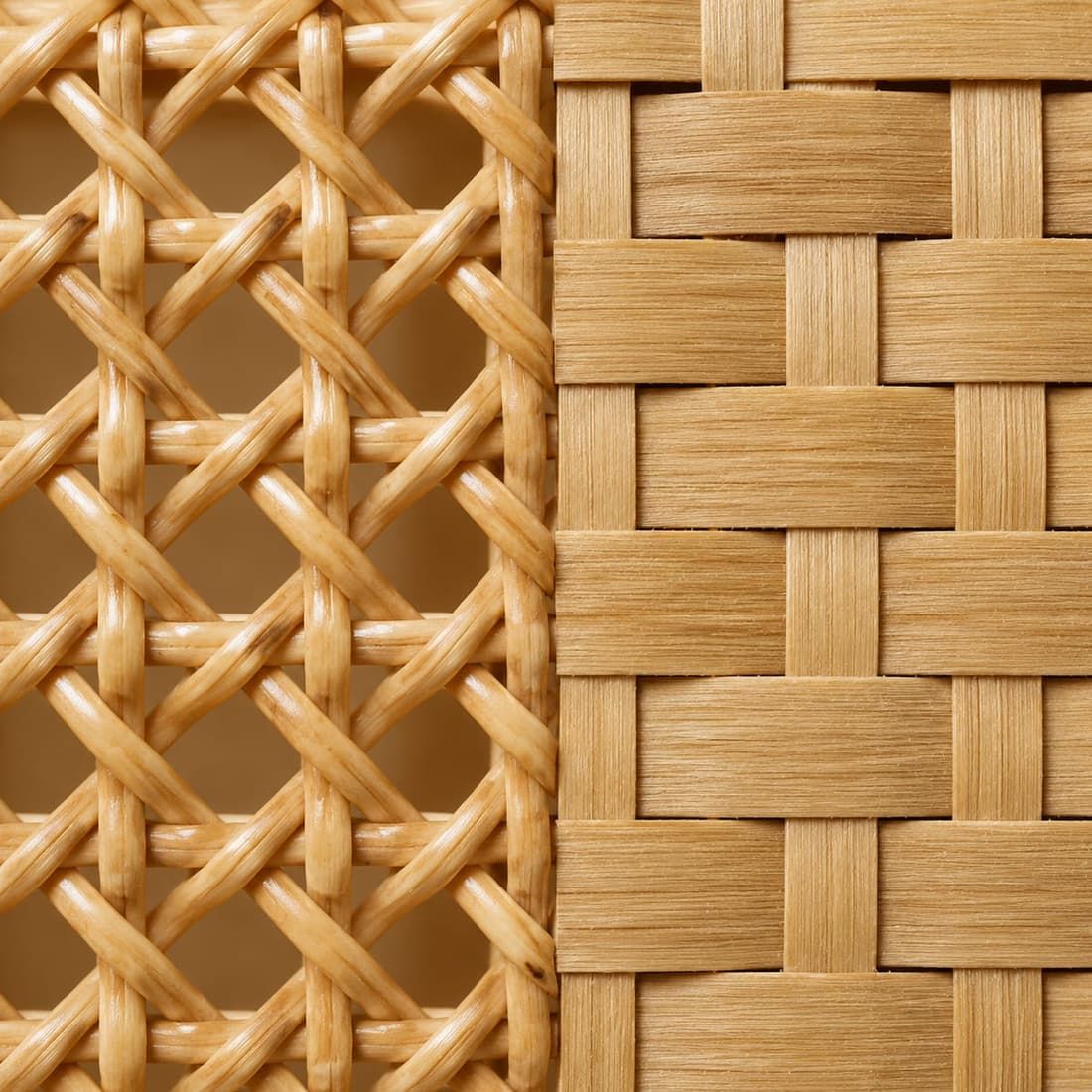 Macro comparison of round glossy rattan cane weave and flat matte bamboo strip weave