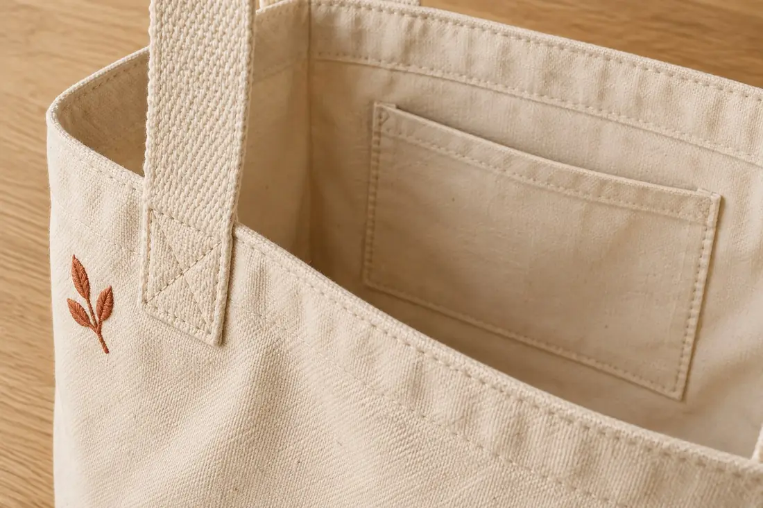Chi tiết túi canvas với túi đắp bên trong, mép miệng gấp và chỗ gắn quai được gia cố
