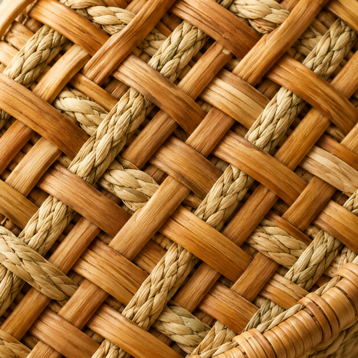Macro composition of Indonesian wild rattan joined with hand-braided sea grass weave
