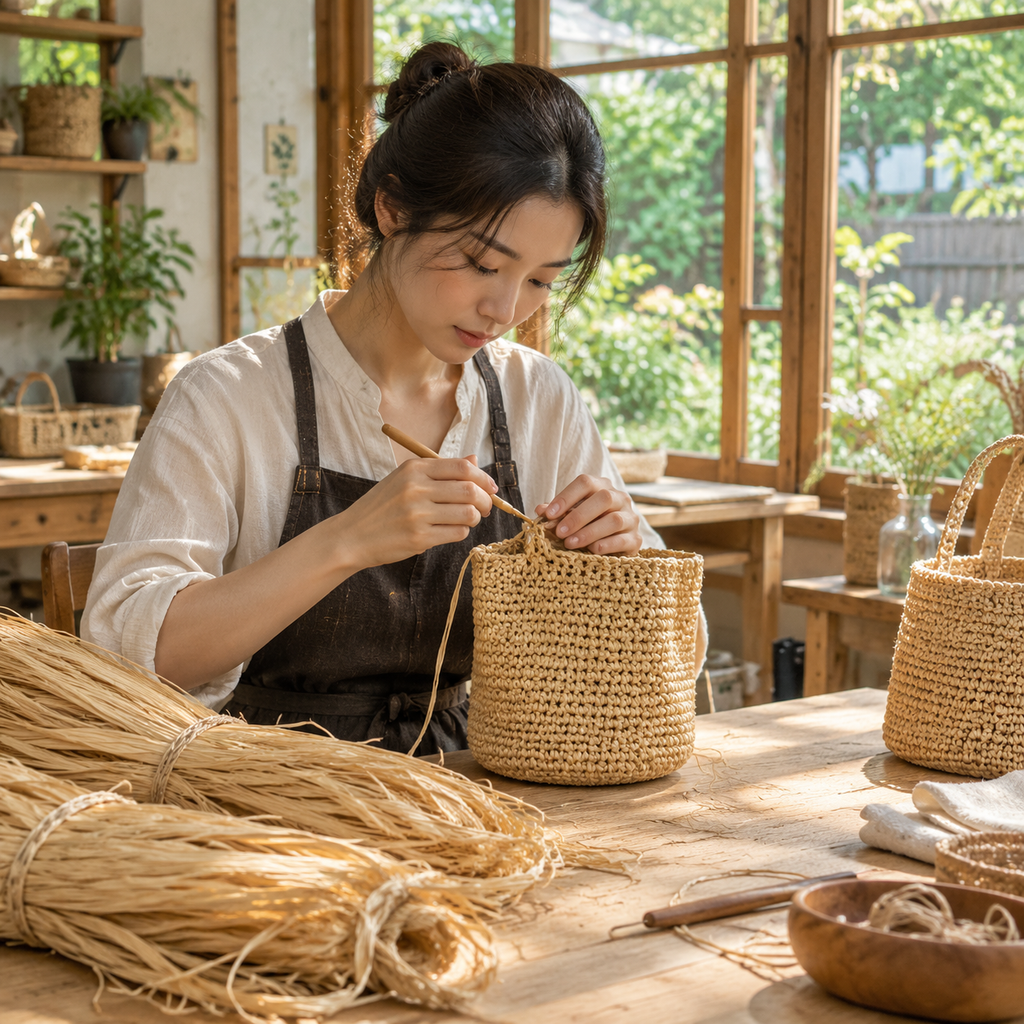 Artisan in Chinese workshop hand-crocheting natural raffia bucket bag beside wooden window