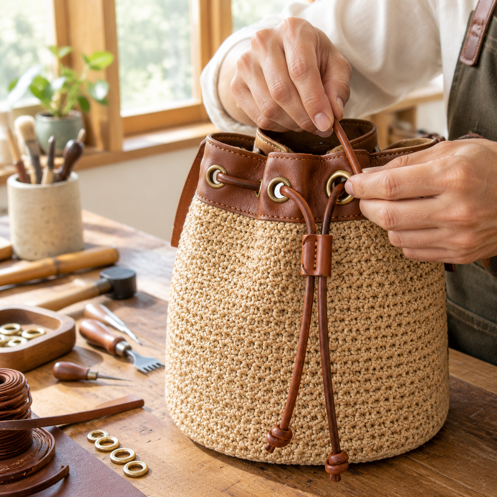 Artisan assembling cognac leather drawstring and brass grommets on hand-crocheted raffia bucket bag