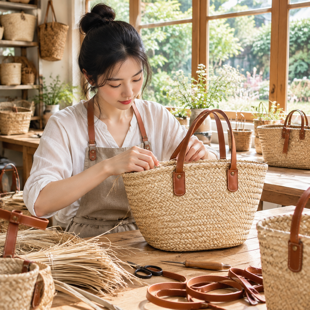 Artisan hand-weaving natural straw market basket tote bag with rolled leather handles beside wooden window