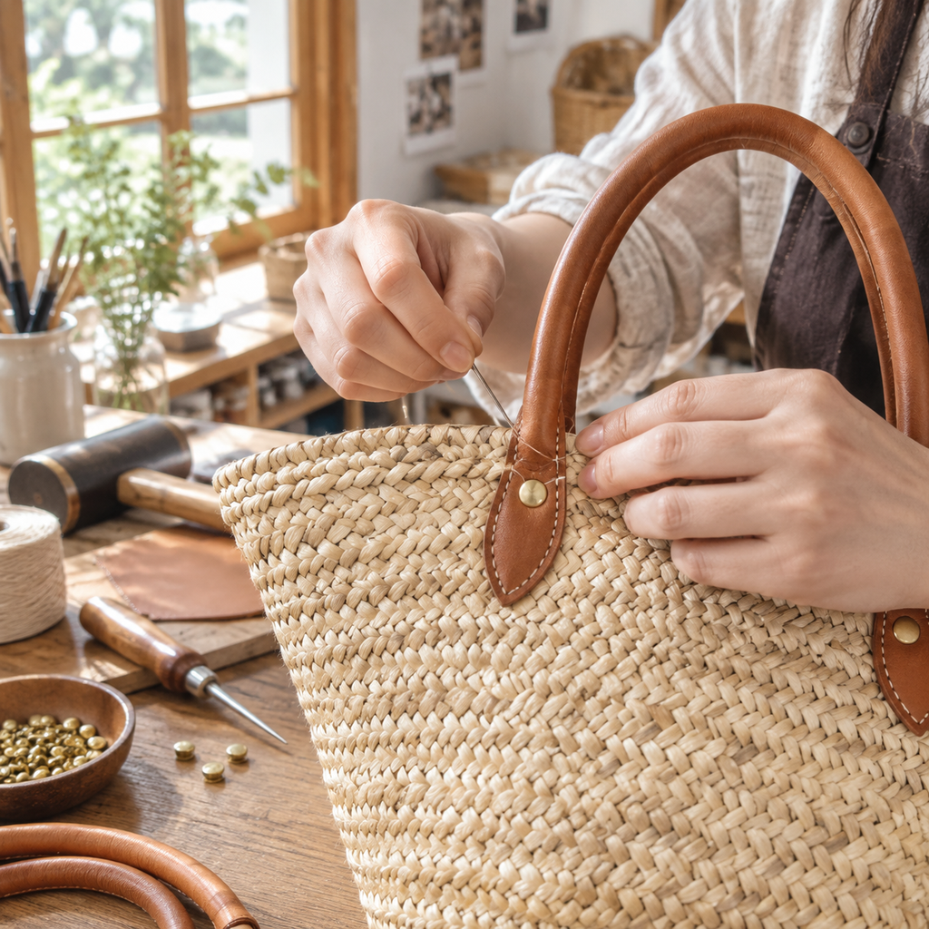 Artisan saddle-stitching tubular rolled leather handles onto hand-woven straw basket tote bag