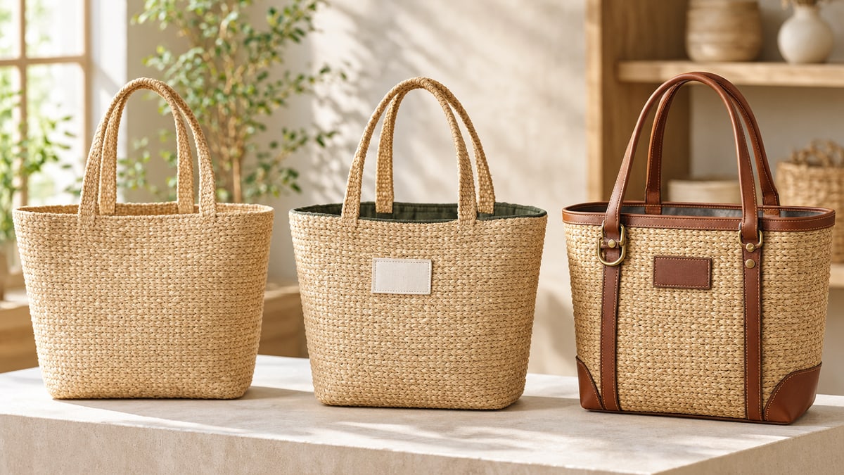 Three woven totes showing three levels of customisation: plain factory tote, a tote with a blank woven label and contrast lining, and a bespoke tote with leather trim and brass hardware