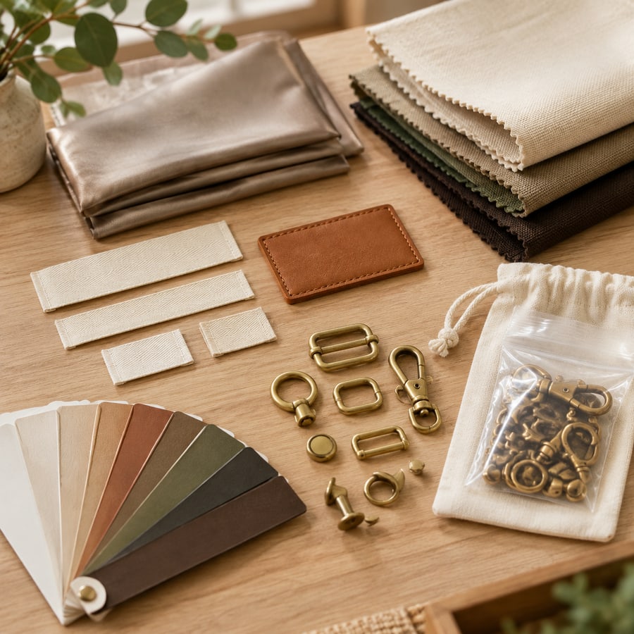 Componentes de bolsos private label sobre una mesa de revision: etiquetas tejidas en blanco, parche de cuero en blanco, muestras de forro y lona, abanico de cartas de color y herrajes de laton