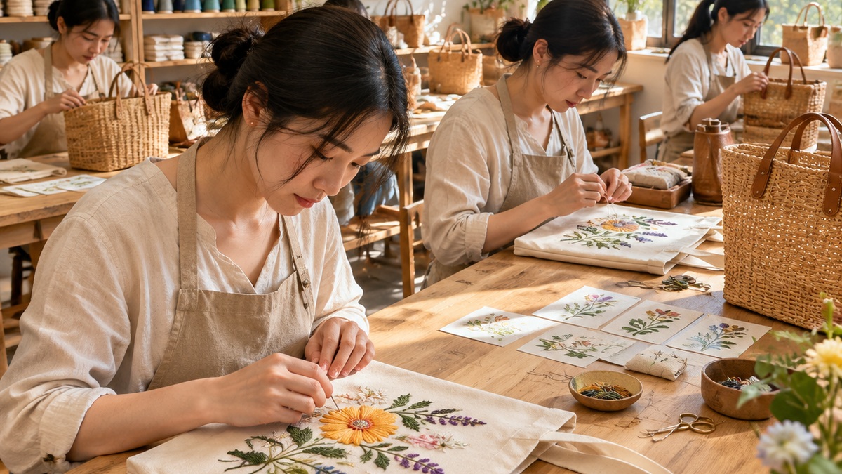 Dongguan TelvaBag Handcrafted Atelier: skilled artisans in linen aprons hand-embroidering canvas tote bags and hand-weaving natural rattan baskets around sunny oak craft tables