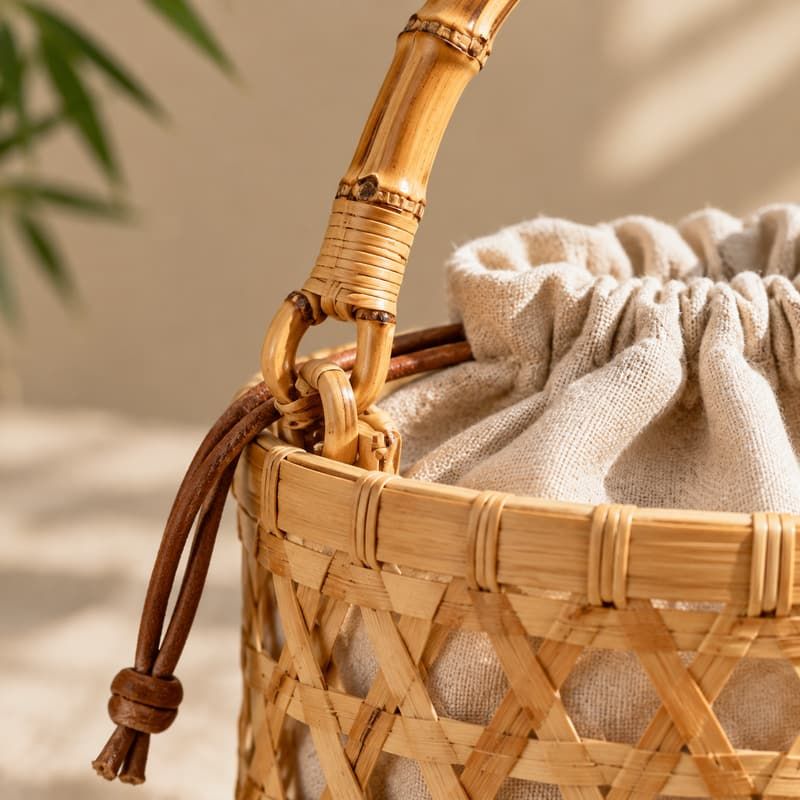 Geometrische handgewebte Bamboo-Bucket-Bag mit Kordelzug-Beutel - Griffverbindung und Beschläge