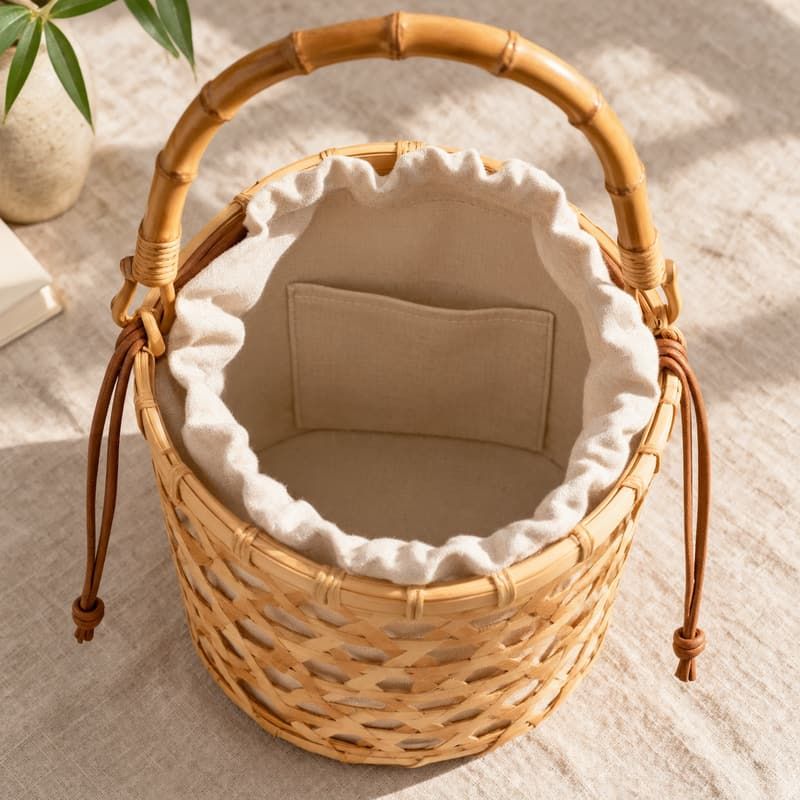 Geometrische handgewebte Bamboo-Bucket-Bag mit Kordelzug-Beutel - Gesäumte Böden und Futter