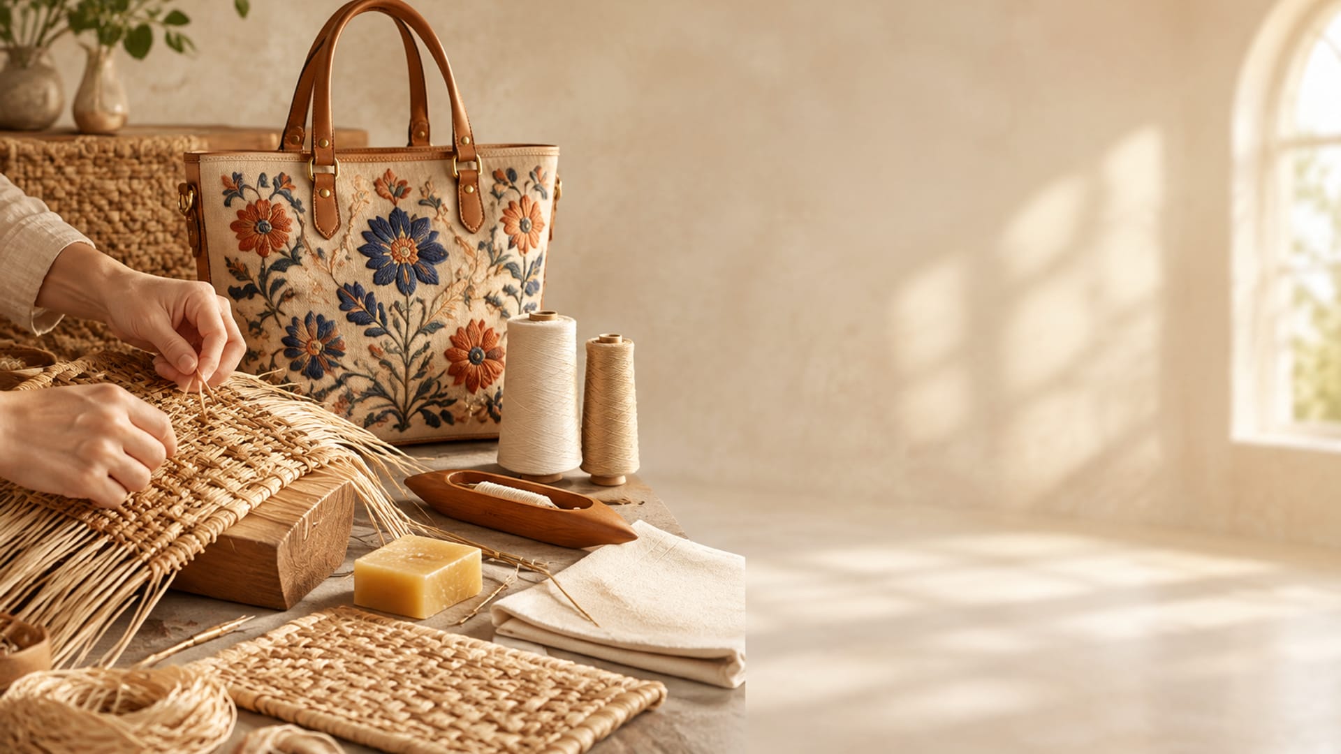 Artisan Hand-Weaving Rattan Beside a Suzani Embroidered Tote Bag