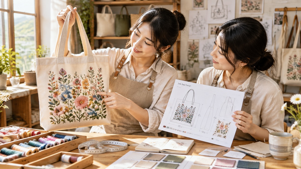 Boutique bag design atelier: master craftswomen in linen aprons reviewing a hand-embroidered floral hoop and custom bag tech-pack drawing on a sunlit oak workbench