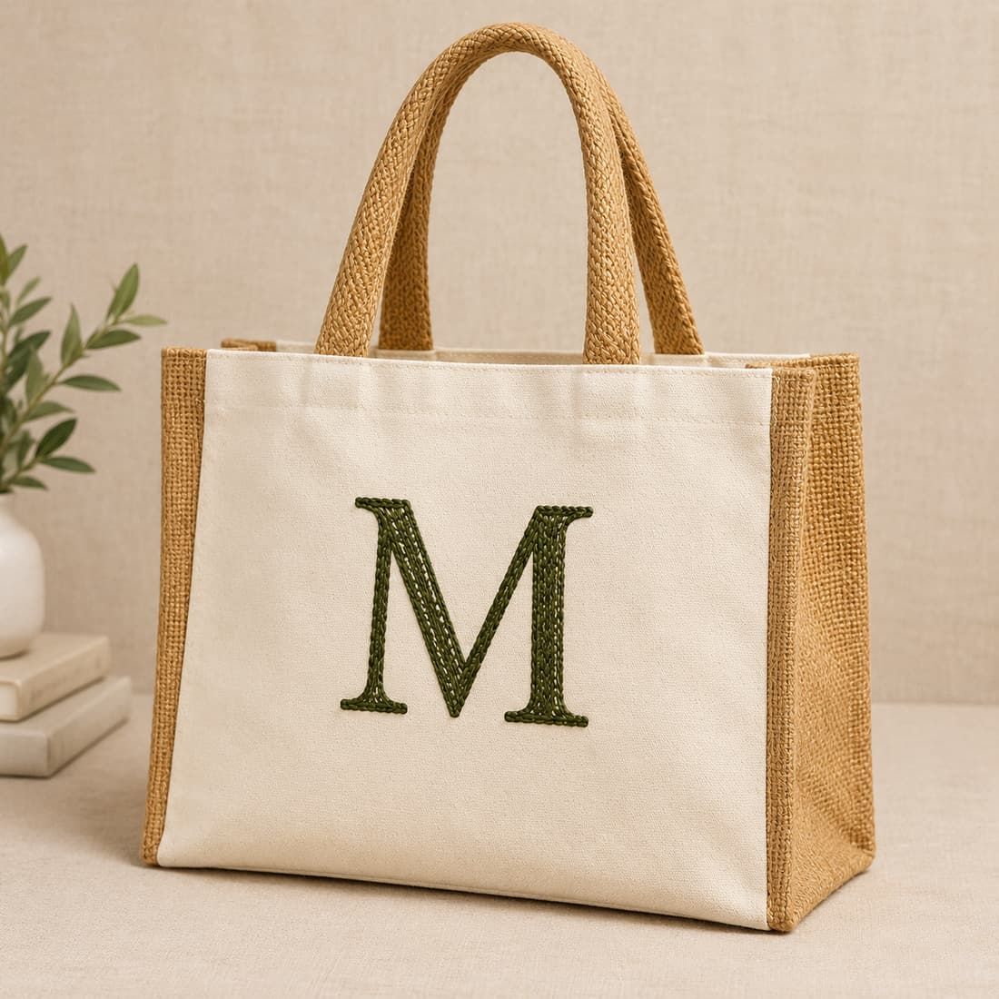 Personalized Jute & Canvas Monogram Tote Bag