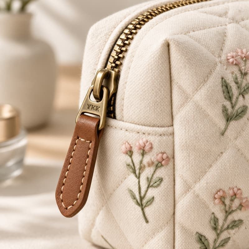 Botanical Quilted Embroidered Cosmetic Vanity Bag - Handle joinery and hardware