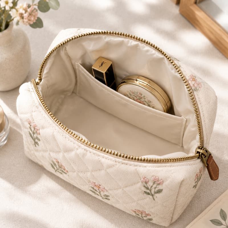 Botanical Quilted Embroidered Cosmetic Vanity Bag - Folded base seams and lining