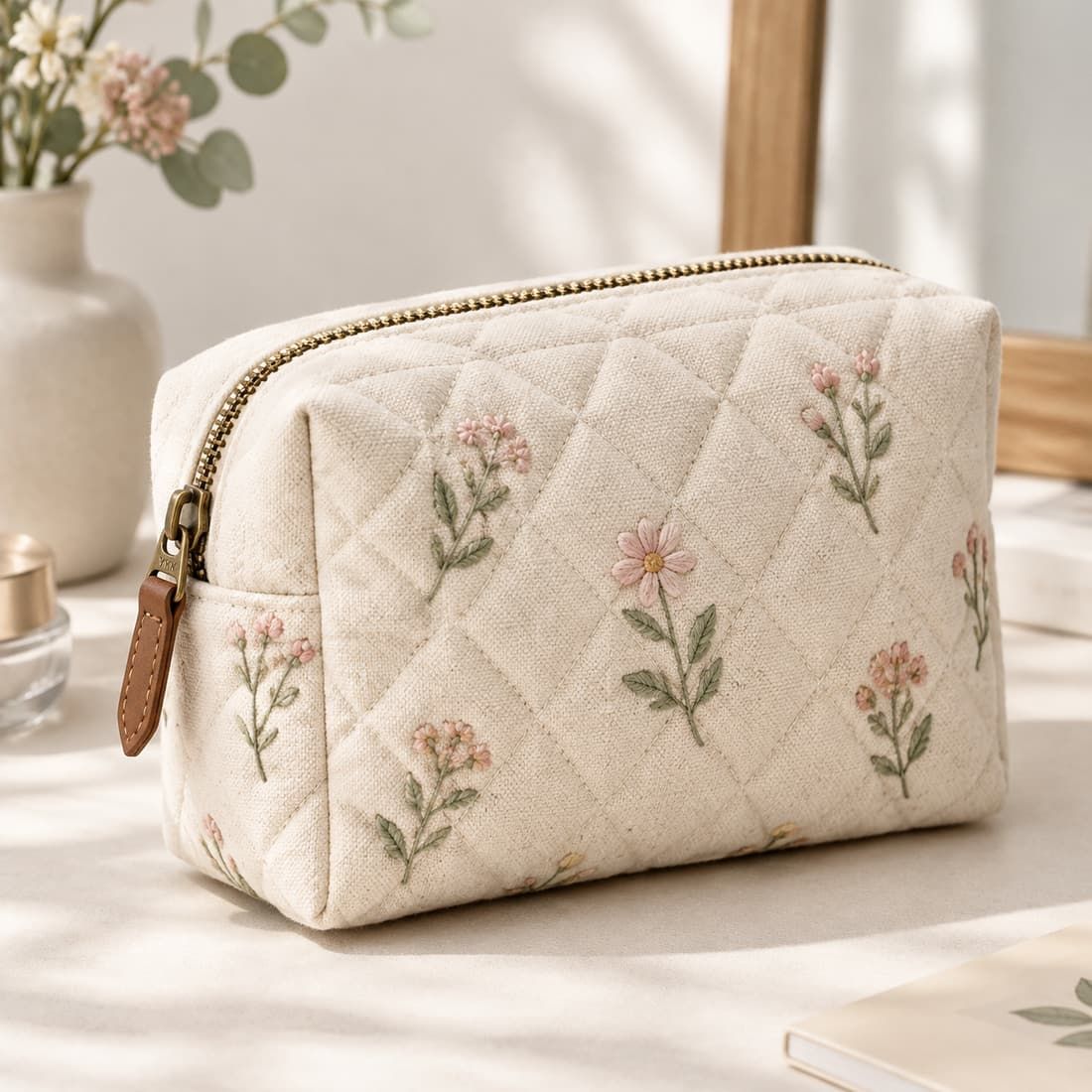 Gesteppte Kosmetiktasche mit botanischer Stickerei