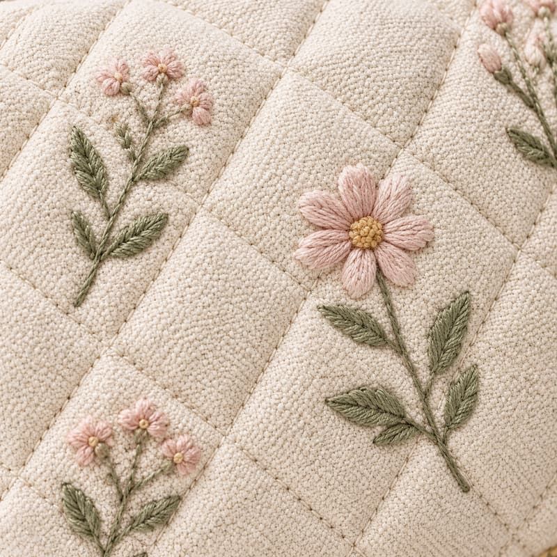 Botanical Quilted Embroidered Cosmetic Vanity Bag - Botanical Quilted Hand Embroidery stitch macro