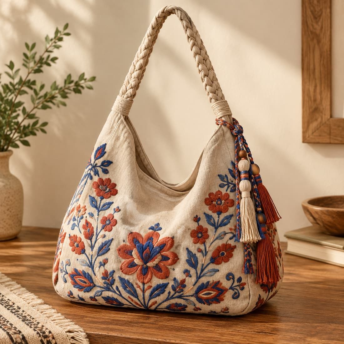Boho Folk Floral Embroidered Slouchy Canvas Hobo Bag