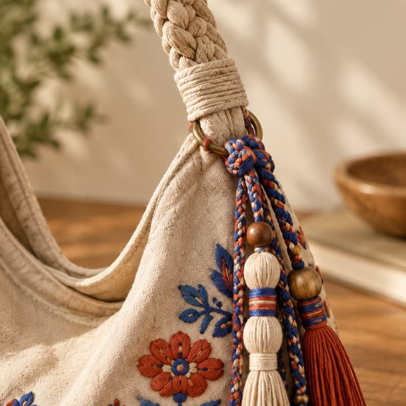 Boho-Hobo-Bag aus Canvas mit volkstümlicher Blumenstickerei - Griffverbindung und Beschläge