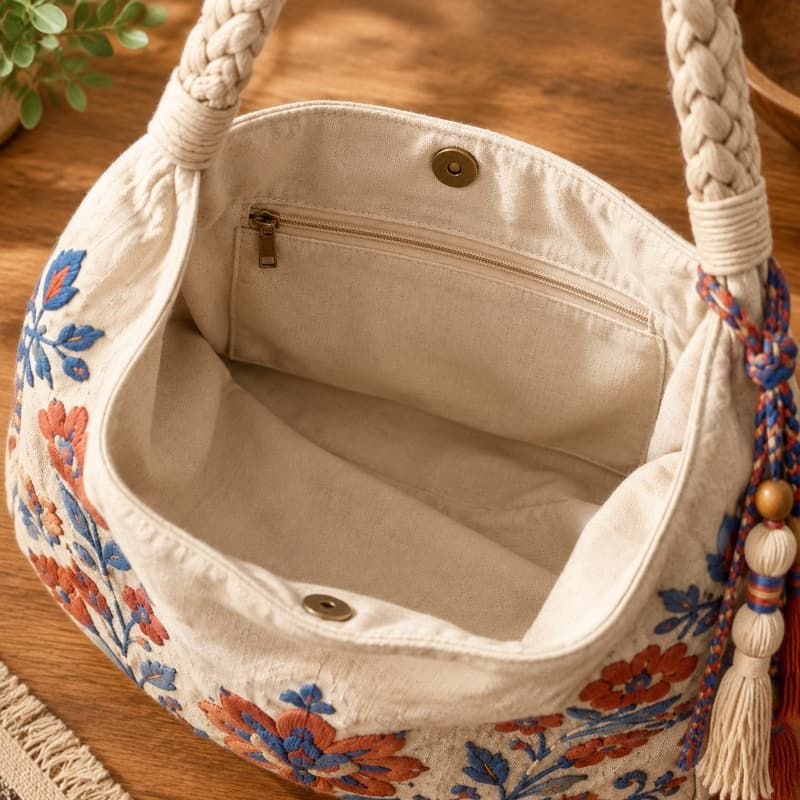 Boho-Hobo-Bag aus Canvas mit volkstümlicher Blumenstickerei - Gesäumte Böden und Futter
